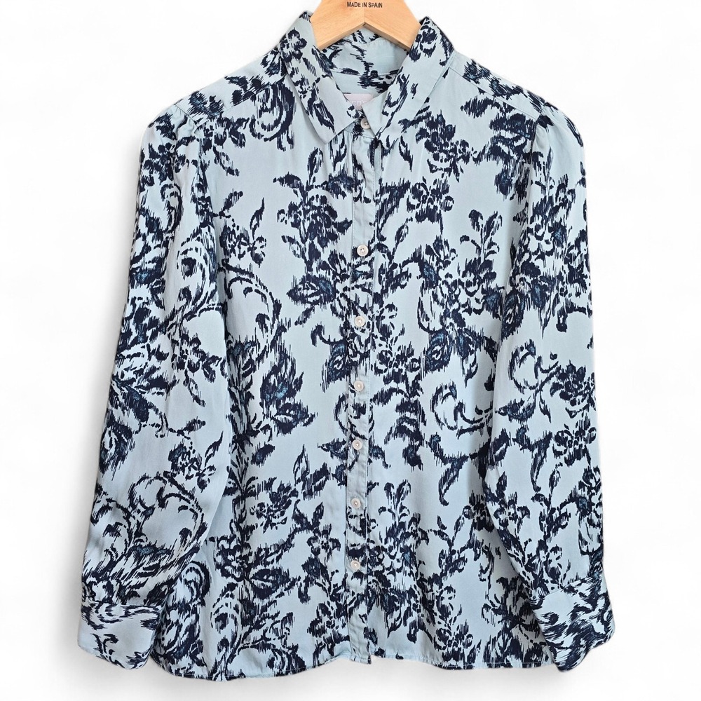Chicos Top Womens 1 US Medium Blue Button Up Printed Long Sleeve Modal Tunic